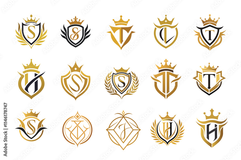 Obraz premium Golden Crown and Initial Letter Monogram Logo Design for an Exclusive.