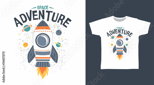 Space adventure rocket hand drawn illustration, vector ready for print on t-shirt and other uses.
