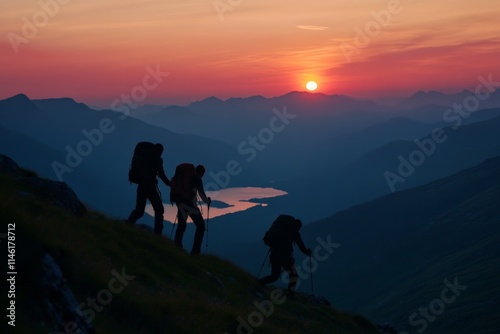 Three adventurous hikers trek during a breathtaking sunset, casting silhouettes on a backdrop of distant mountains and a serene lake, symbolizing unity and exploration. photo