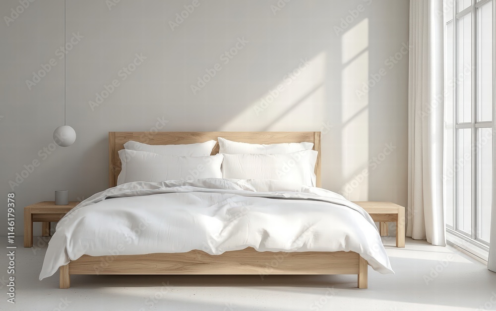 Clean minimalist bedroom with white bedding, a light wooden bedframe, and neutral walls Clean minimalist bedroom with white bedding, a light wooden bedframe, and neutral walls