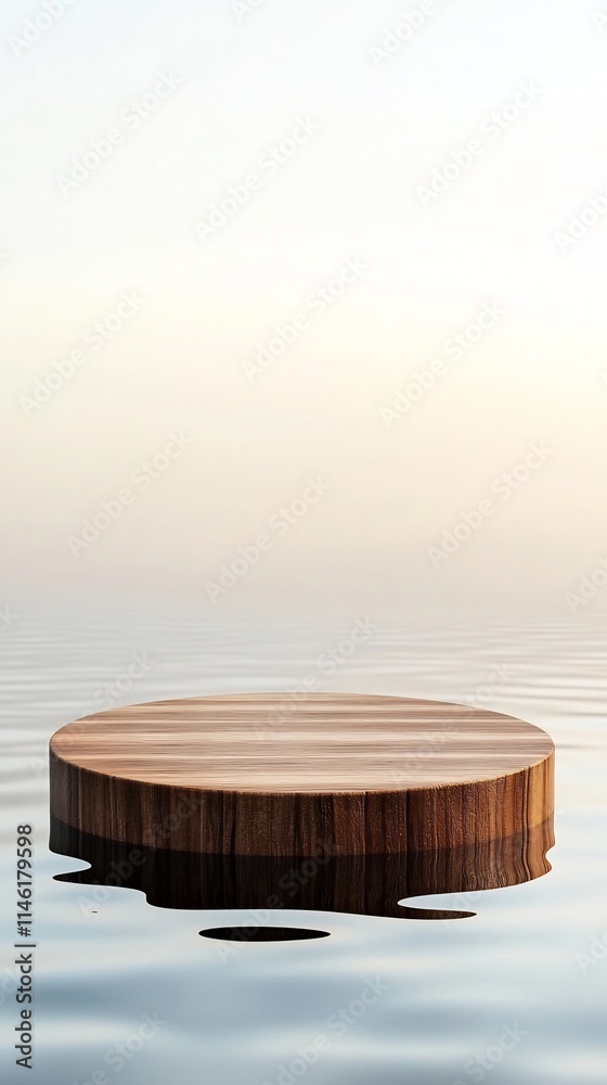 Floating Wooden Podium on Tranquil Water Surface with Mirrored Reflections for Serene Product Display Floating Wooden Podium on Tranquil Water Surface with Mirrored Reflections for Serene Product Display