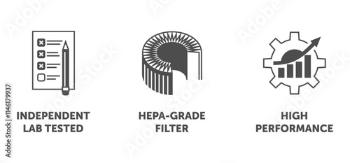 Independent Lab Tested, HEPA-grade filter, High Performance. Monochrome icons