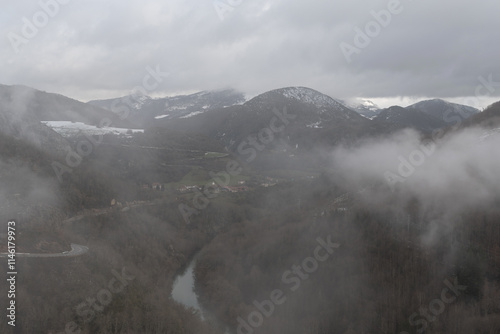 Aribe, Irati River. , Aezkoa Valley. Misty winter morning. Navarre photo