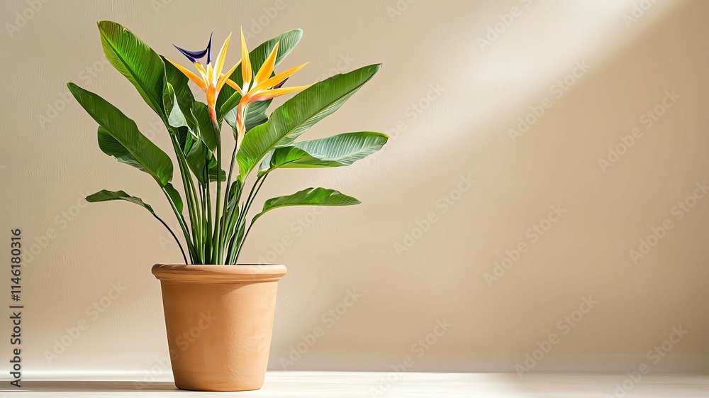Bird of paradise plant in terracotta pot, natural light on bird of paradise plant, indoor decor with bird of paradise plant ,minimal tropical decor ,bird of paradise interior, terracotta plant styling Bird of paradise plant in terracotta pot, natural light on bird of paradise plant, indoor decor with bird of paradise plant ,minimal tropical decor ,bird of paradise interior, terracotta plant styling