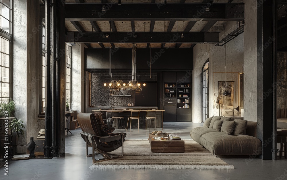 Open-plan loft with modern industrial furniture and a statement chandelier Open-plan loft with modern industrial furniture and a statement chandelier