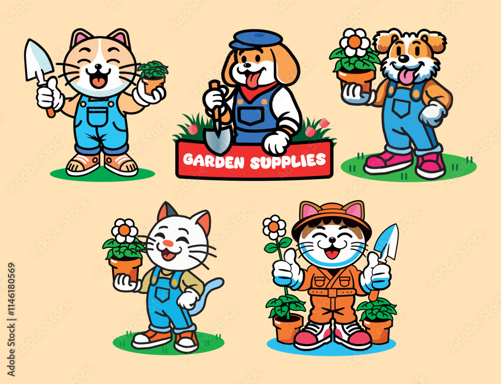 Funny set of cartoon gardening mascots of a cat and dog in apron, holding a flower in a pot and smiling. Vector emblem, sticker design Funny set of cartoon gardening mascots of a cat and dog in apron, holding a flower in a pot and smiling. Vector emblem, sticker design