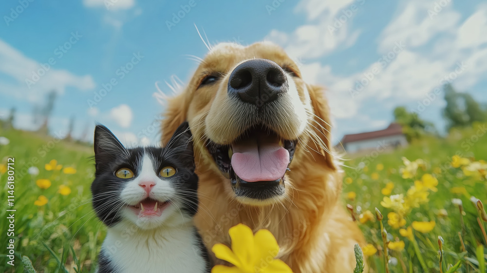 A golden retriever dog and a black and white cat play together in a field, with happy expressions on their faces. The background is a green grassland and a blue sky. A golden retriever dog and a black and white cat play together in a field, with happy expressions on their faces. The background is a green grassland and a blue sky.