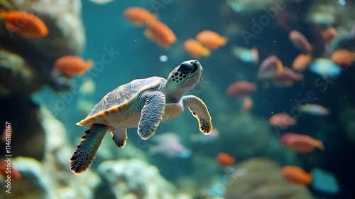 A cute little turtle swimming in the sea with fish all around