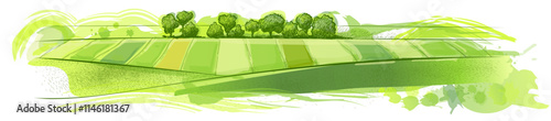 Watercolor green field landscape on small hill. Vector meadow grass, nature, pasturage, farm. Rural scenery landscape panorama of countryside pastures.