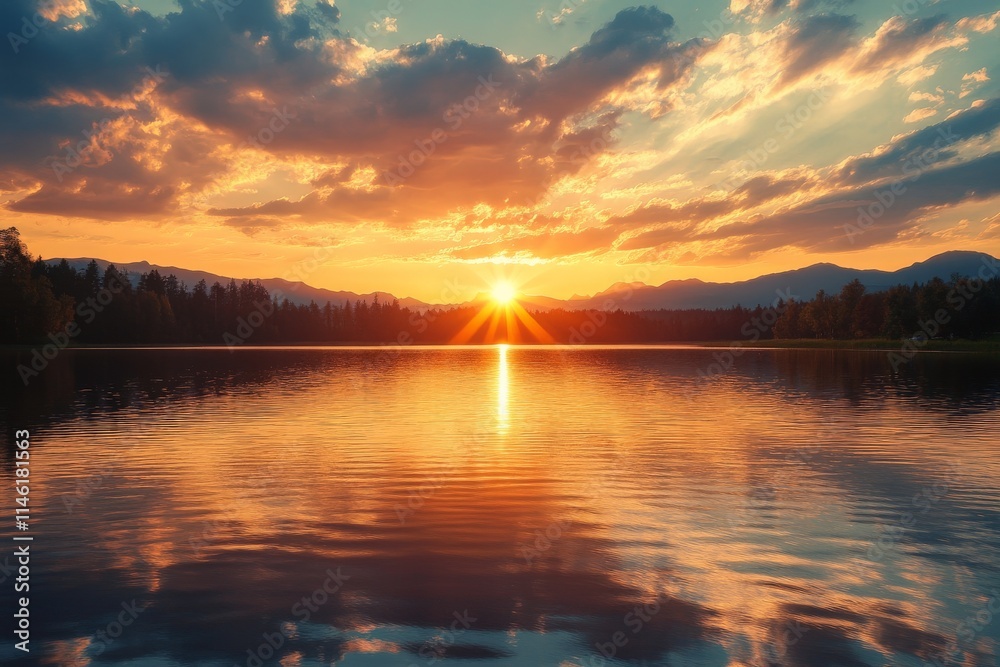 The image captures a breathtaking sunset over a serene lake with a vibrant sky and scenic cloud formations, surrounded by distant mountains and trees. The image captures a breathtaking sunset over a serene lake with a vibrant sky and scenic cloud formations, surrounded by distant mountains and trees.