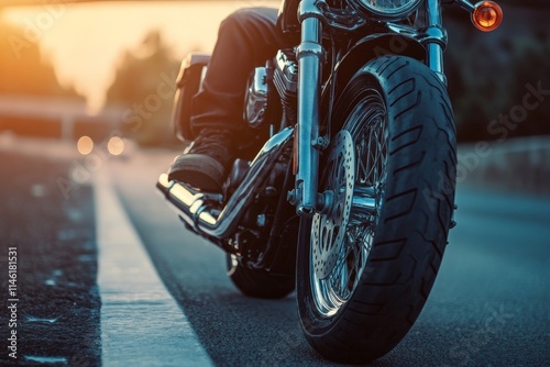 A motorcycle rider is captured zooming down a highway at sunset, emphasizing speed and adventure. The image conveys freedom and the thrill of the open road. photo