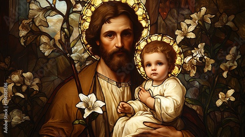 Saint Joseph holding baby Jesus in breathtaking stained-glass artwork, his staff of lilies glowing with soft warm light, radiant earthy tones of gold and brown,