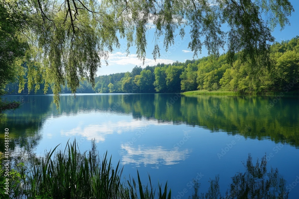 A serene lake scene captures calm waters reflecting surrounding lush greenery and a clear blue sky, evoking peace and serenity on a sunny day. A serene lake scene captures calm waters reflecting surrounding lush greenery and a clear blue sky, evoking peace and serenity on a sunny day.