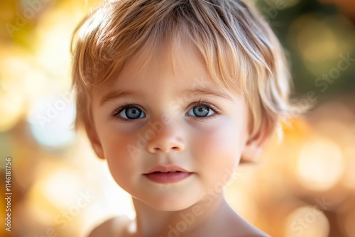 A charming young child with captivating blue eyes and a soft expression gazes gently, surrounded by a beautifully blurred golden bokeh background.