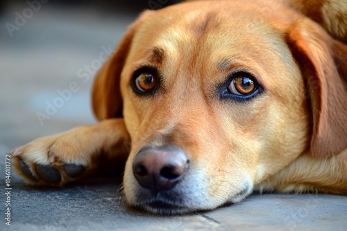 A soulful brown-eyed dog rests its head on its paws, exuding a sense of melancholy and longing, capturing a poignant moment in beautiful detail.