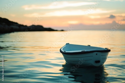 A single white boat floats gently on calm waters during a serene sunset, evoking feelings of solitude and peace amidst a warm, pastel-colored sky.