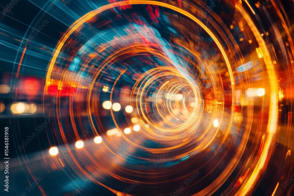 An energetic depiction of circular motion lights creating a vibrant urban abstract art piece, capturing the bustling city atmosphere with bright, swirling colors. An energetic depiction of circular motion lights creating a vibrant urban abstract art piece, capturing the bustling city atmosphere with bright, swirling colors.