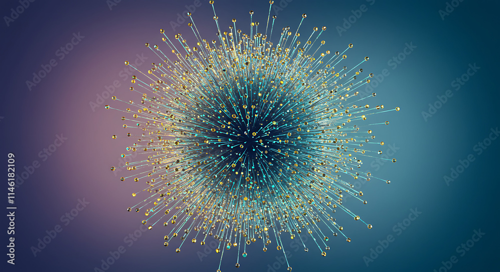 Fototapeta premium Abstract Gold Teal 3D Sphere Burst Connectivity Technology Data Network Energy