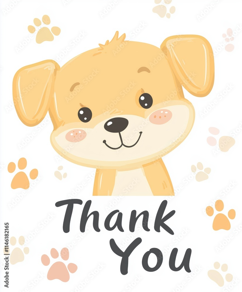 Obraz premium Cartoon Labrador puppy with paw print background and thank-you text