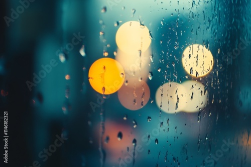 Raindrops trickle down glass as blurred city lights create an atmospheric and melancholic scene by the window, evoking introspection and a sense of longing. photo