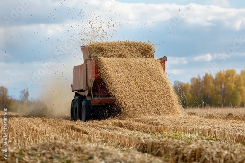 A massive farm harvester unloads heaps of golden wheat in the middle of a vast, harvested field, showcasing agriculture's abundance and human ingenuity.
