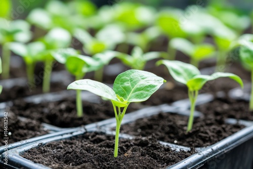Vibrant green seedlings are emerging in neat rows from rich black soil, capturing the essence of new beginnings and growth in a controlled nursery environment.