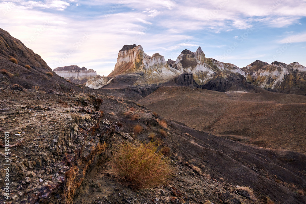 Obraz premium Airakty and Shomanay. Uplands of the Ustyurt plateau.Airakty and Shomanay, are a system of small mountains. Shomanay mountains look like fairytale castles with steeples, towers and walls. 