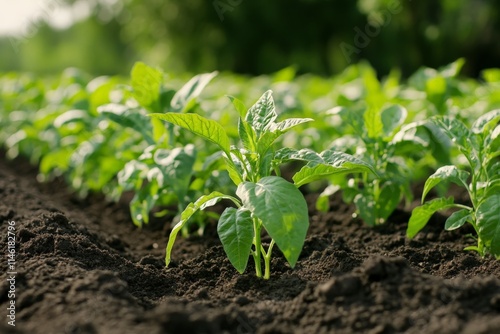 A lush field with young, vibrant green plants growing under the open, sunny sky, capturing the essence of agricultural prosperity and the promise of future harvests. photo