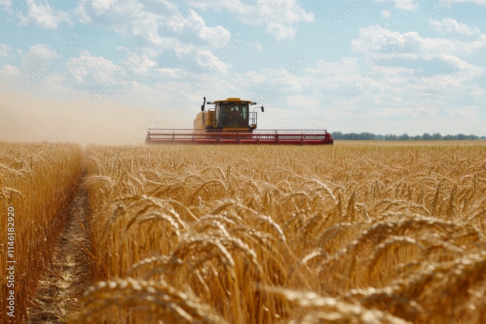 Fototapeta premium A combine harvester efficiently works its way through a vast golden wheat field under a blue sky, showcasing modern agriculture technology and productivity in farming.