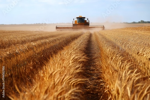 An agricultural combine processes golden wheat grains under a clear sky, embodying modern farming technology's efficiency in grain production and agricultural development.