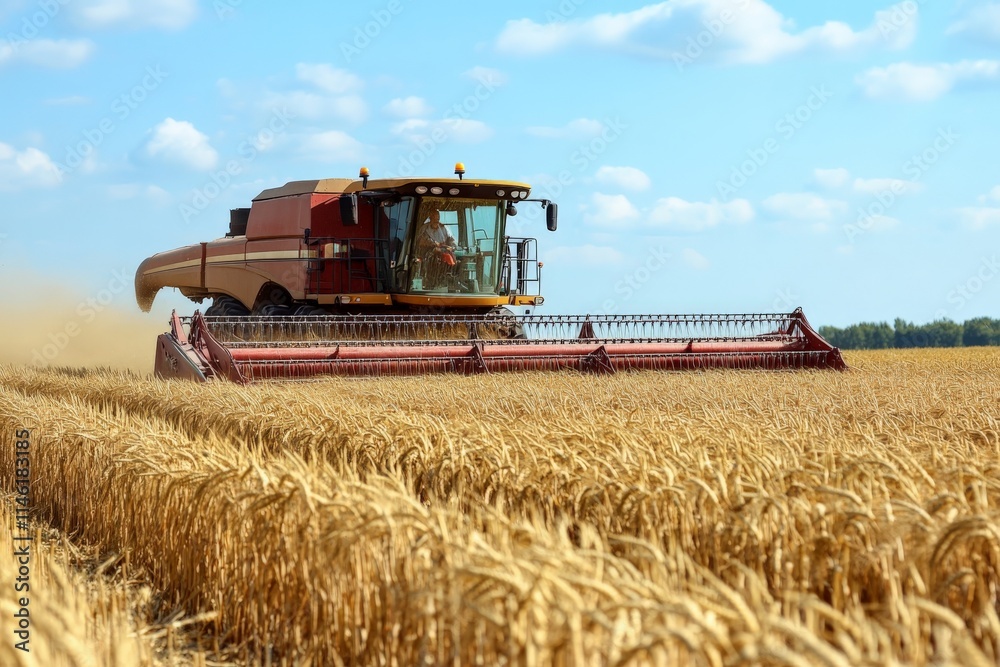 Fototapeta premium A powerful combine harvester operates in a sprawling golden wheat field under a clear blue sky, epitomizing modern agricultural efficiency and technological advancement.