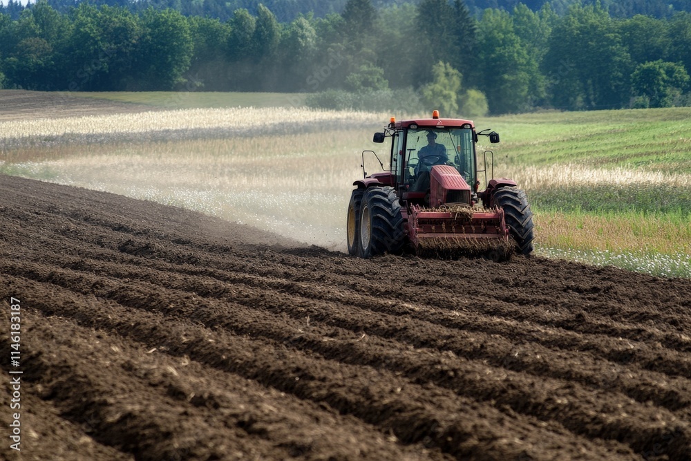 A red tractor is plowing a large brown field, preparing it for planting. The scene is set against a backdrop of lush green trees and a cloud-dotted sky. A red tractor is plowing a large brown field, preparing it for planting. The scene is set against a backdrop of lush green trees and a cloud-dotted sky.