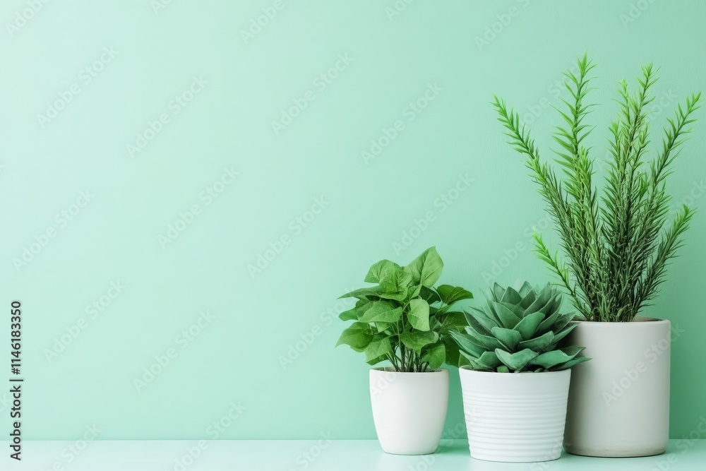 Three potted plants of varying sizes neatly arranged against a mint green backdrop, balancing simplicity and natural beauty in a refreshing perspective. Three potted plants of varying sizes neatly arranged against a mint green backdrop, balancing simplicity and natural beauty in a refreshing perspective.