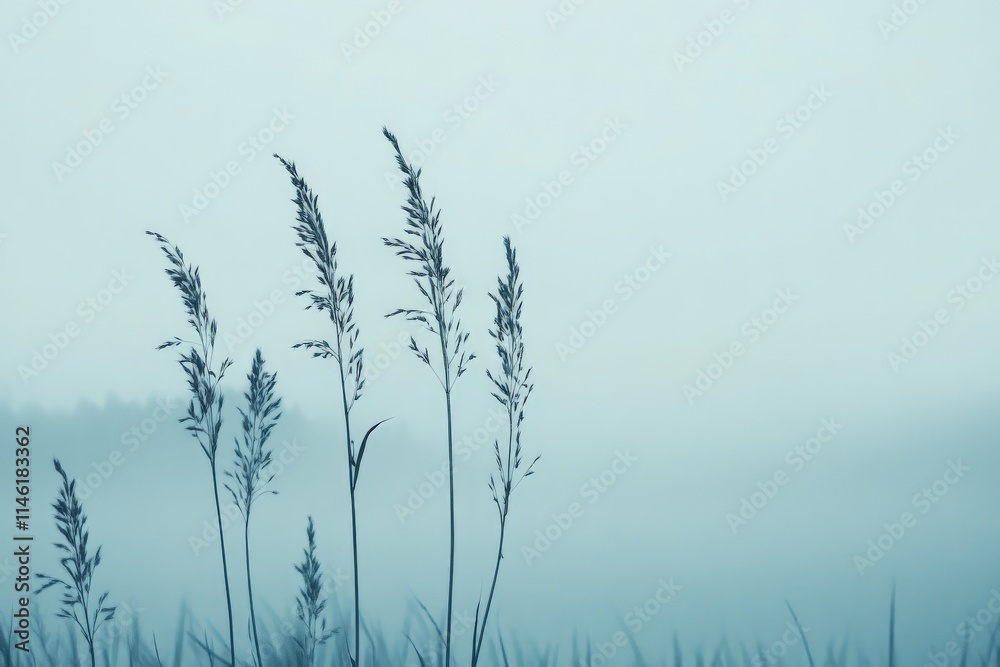 Obraz premium A serene landscape captures tall grass stems standing gracefully against a soft, misty blue backdrop, evoking tranquility and calmness in a dreamy natural setting.