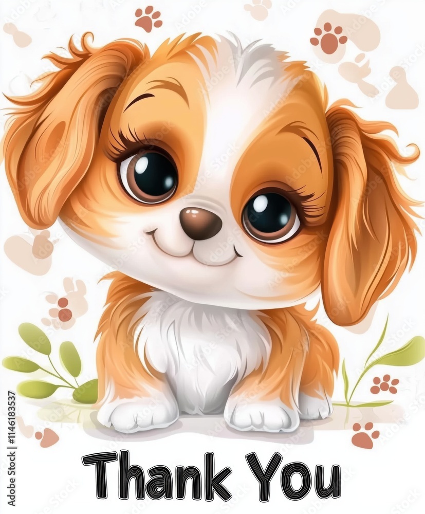 Naklejka premium Sweet cartoon puppy with long ears and 'Thank You' text on a floral background