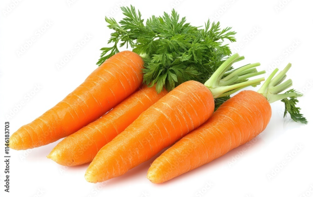 Whole carrots with green tops arranged neatly on white background Whole carrots with green tops arranged neatly on white background