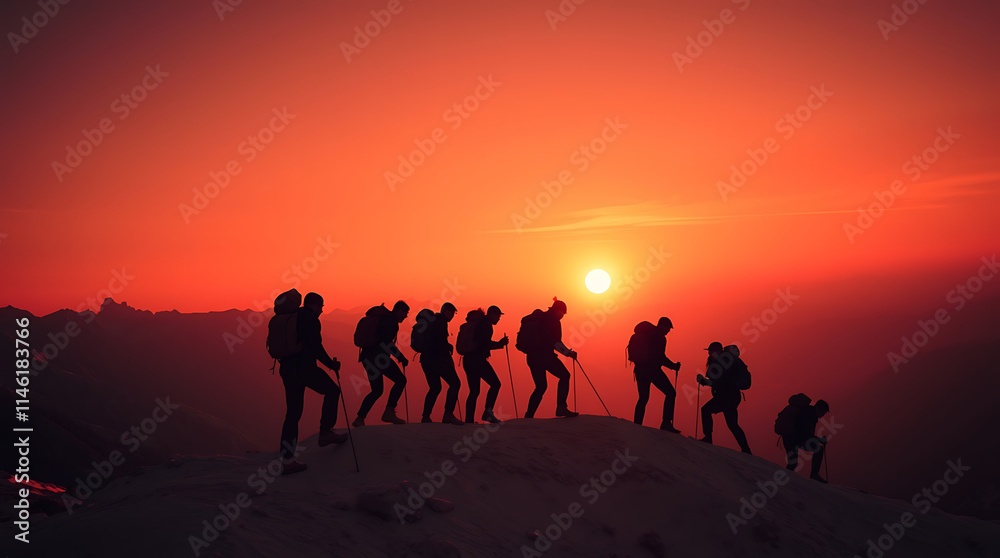 Silhouette of People Hiking on Mountains: Teamwork and Collaboration Concept