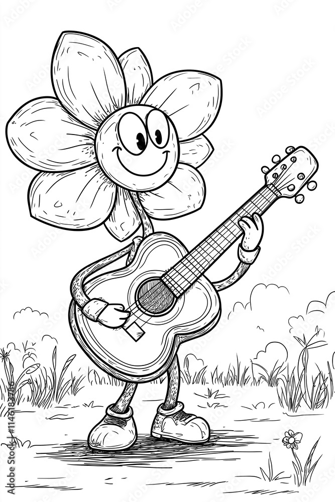 Fototapeta premium Flower Playing Guitar - Coloring Page for Kids