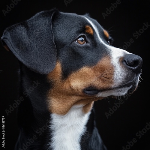 Portrait of a tri-colored dog with focused expression on black background photo