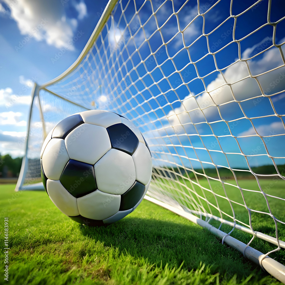 Naklejka premium shooting shot football in goal net with green grass