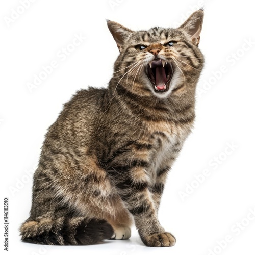 European shorthair cat sitting and meowing on white background photo