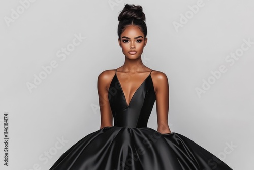 Beautiful Woman Wearing a Black Gown, Party Dress Posing for a Photo.Fictional Character Created By Generative AI