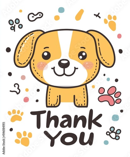 Cartoon illustration of a cute puppy with 'Thank You' text surrounded by paw prints and playful elements photo