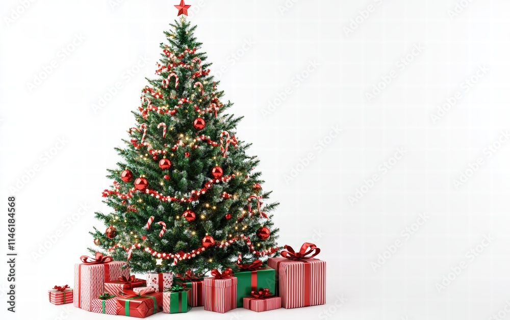 A classic Christmas tree with red garlands, candy canes, and traditional green-and-red-wrapped presents on a pure white background A classic Christmas tree with red garlands, candy canes, and traditional green-and-red-wrapped presents on a pure white background