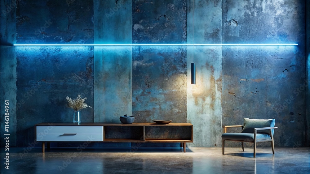 Modern Interior Design with Teal Wall, Neon Light, and Lounge Chair Modern Interior Design with Teal Wall, Neon Light, and Lounge Chair