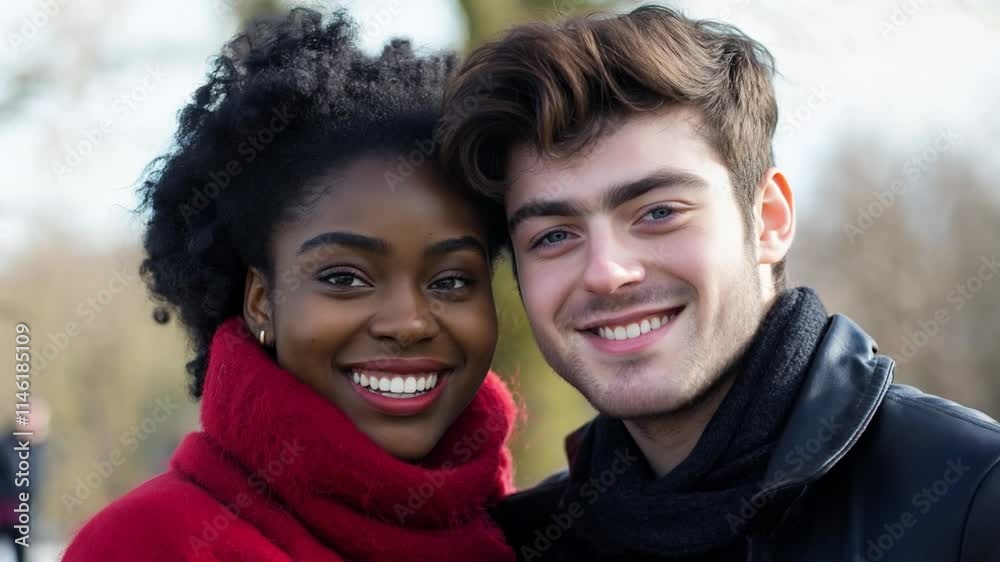 Smiling diverse couple poses together outdoors during winter with trees in the background Smiling diverse couple poses together outdoors during winter with trees in the background