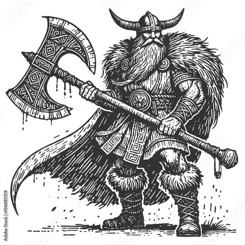 Viking warrior with a horned helmet, flowing beard, battle axe, and a billowing cape, standing in a powerful pose sketch engraving generative ai vector illustration. Scratch board. Black and white.