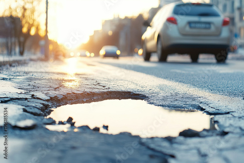 Car Driving on a Road with Potholes and Reflective Water