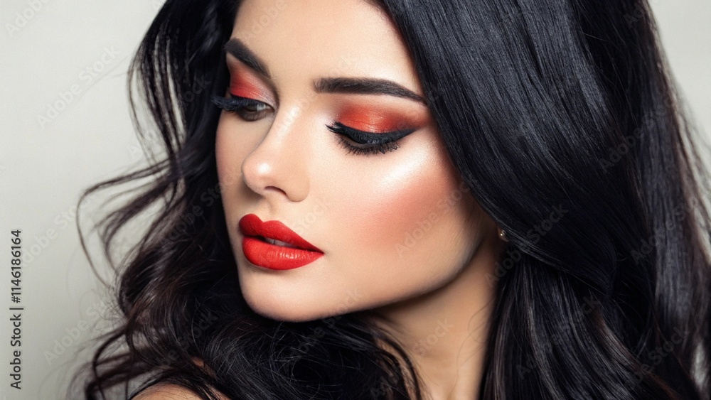 Fashion portrait of a beautiful woman. Glamorous woman, model of female face. Young with makeup, bright lips. Attractive eye makeup, style of a lovely lady. Close-up of black hair, bright makeup Fashion portrait of a beautiful woman. Glamorous woman, model of female face. Young with makeup, bright lips. Attractive eye makeup, style of a lovely lady. Close-up of black hair, bright makeup