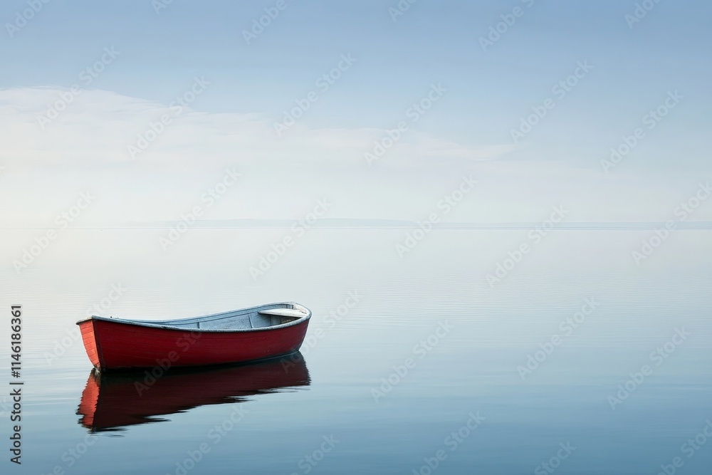 A small red boat gently floats on serene waters, reflecting a clear blue sky, creating a peaceful and idyllic scene of solitude and reflection on a sunny day. A small red boat gently floats on serene waters, reflecting a clear blue sky, creating a peaceful and idyllic scene of solitude and reflection on a sunny day.